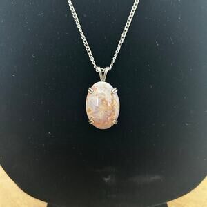 Costume Pink tone pendant & metal long chain necklace Possible Crazy Lace Agate